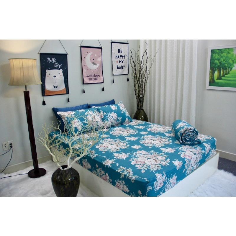 Bộ chăn drap gối satin Hàn Quốc hoạ tiết