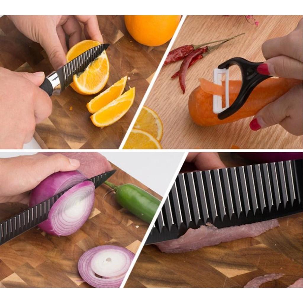 Bộ Dao Nhật ASAKH Làm Bếp 6 Món Lưỡi Sóng Cao Cấp, Chất Liệu Hợp Kim Chống Gỉ - Tiện Lợi