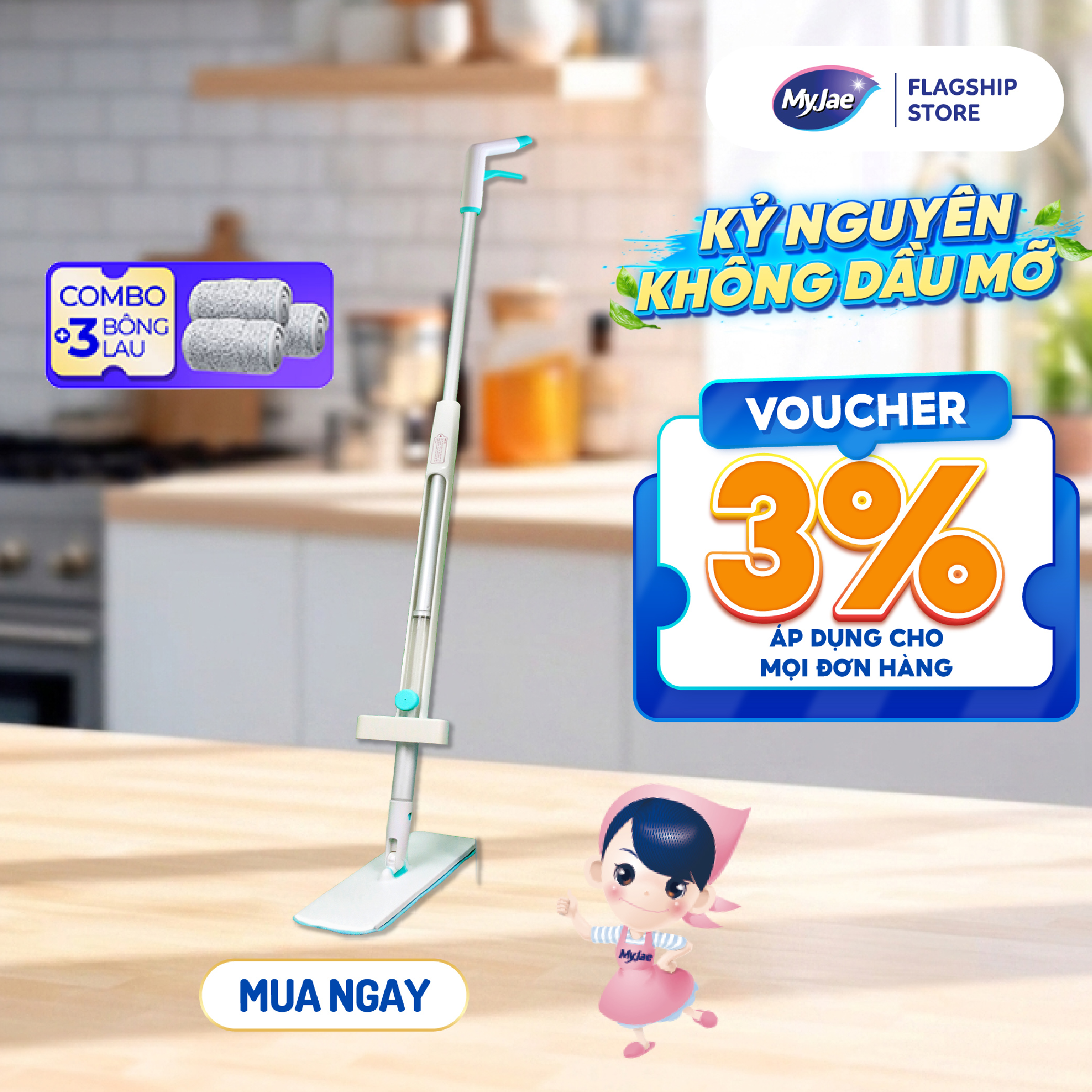 Combo 3 Bông Lau  1 Cây Lau Nhà MyJae Sợi Microfiber Tự Vắt Phun Sương Xoay 360 Độ Thông Minh 138cm