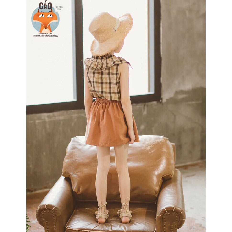 Set áo váy caro cam đất kiểu Hàn Quốc cho bé gái