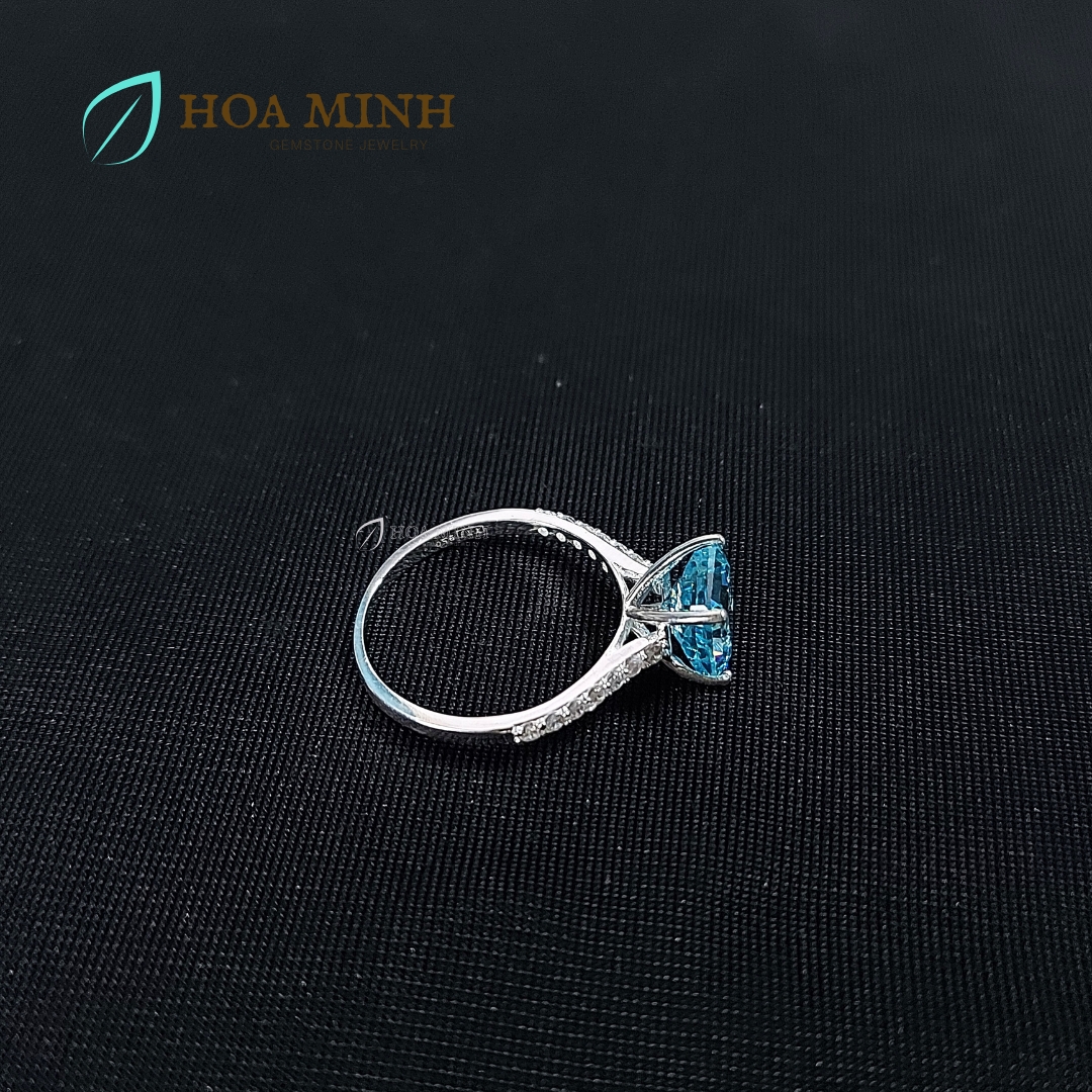 Nhẫn bạc nguyên chất bọc đá Nam Phi xanh Aqua vuông màu xanh aqua size 7 li đính tấm đẹp