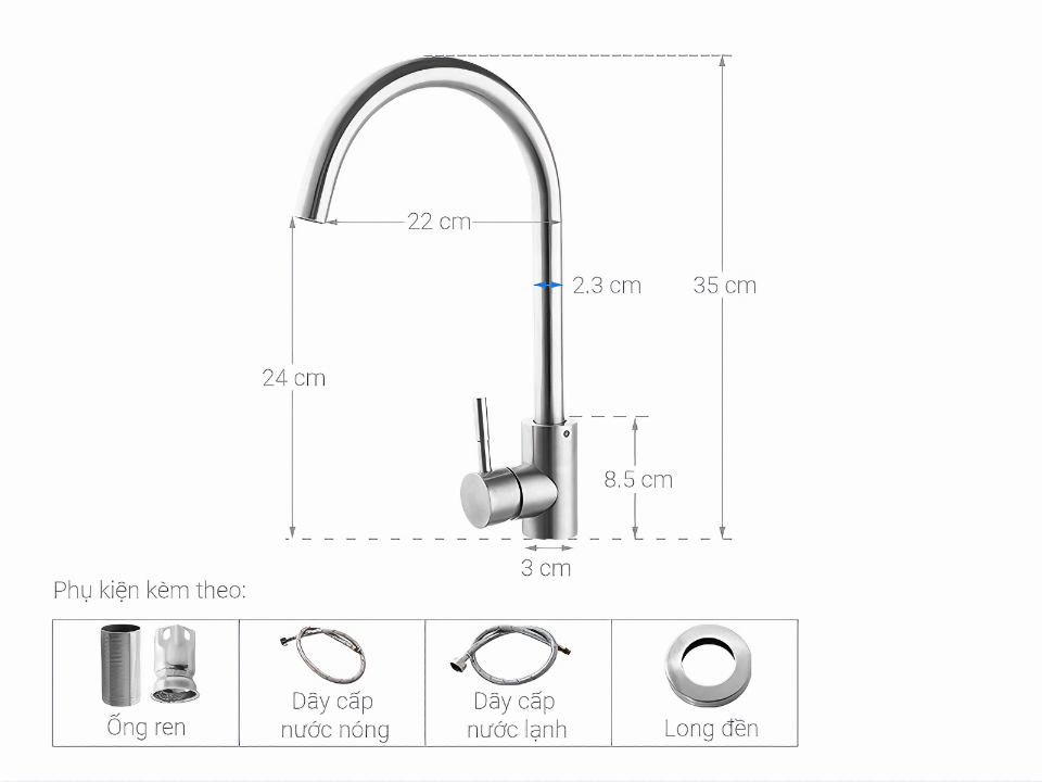 Vòi rửa chén KG71 dùng cho nóng lạnh chất liệu inox304 tặng kèm 2 dây cấp nước dài 40cm - Hàng chính hãng