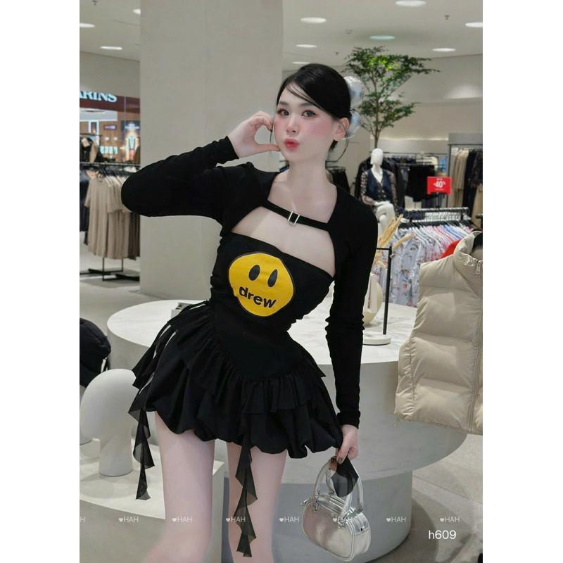 Set váy 3 món drew mặt cười xinh yêu HAH BY JOLIE - Ghi, Ghi