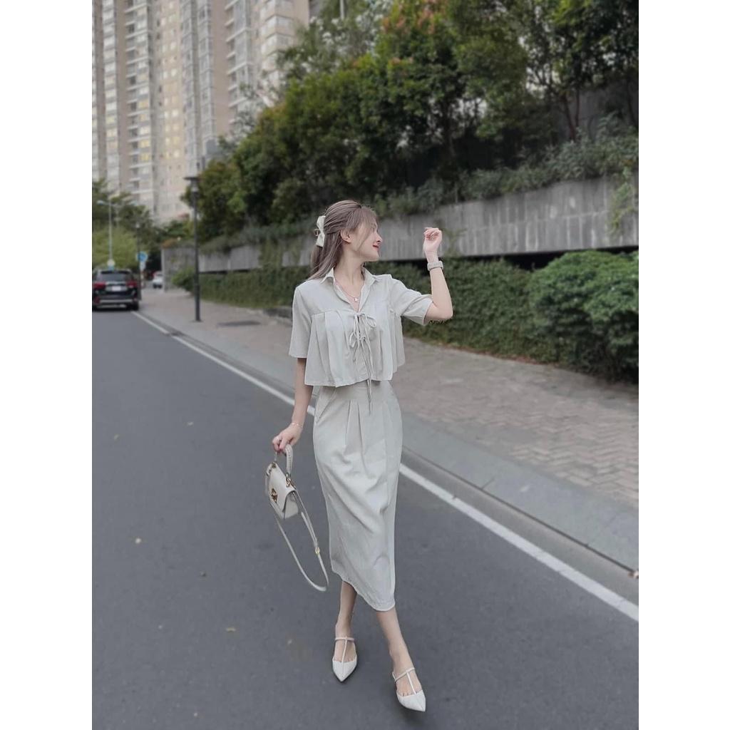 SET ÁO CROPTOP TAY NGẮN FROM RỘNG XẾP LY CỘT NƠ MIX CHÂN VÁY DÀI XẺ SAU CỰC HOT CHO CÁC NÀNG SANG CHẢNH
