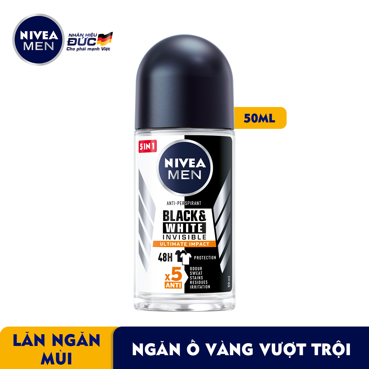 Lăn Ngăn Mùi NIVEA MEN Black&amp;White Ngăn Vệt Ố Vàng Vượt Trội - Hương Mạnh Mẽ (50 ml) - 85392