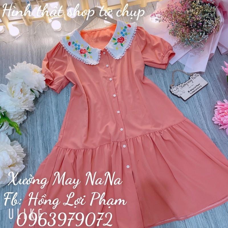 Đầm cổ thêu hoa tay phồng dễ thương