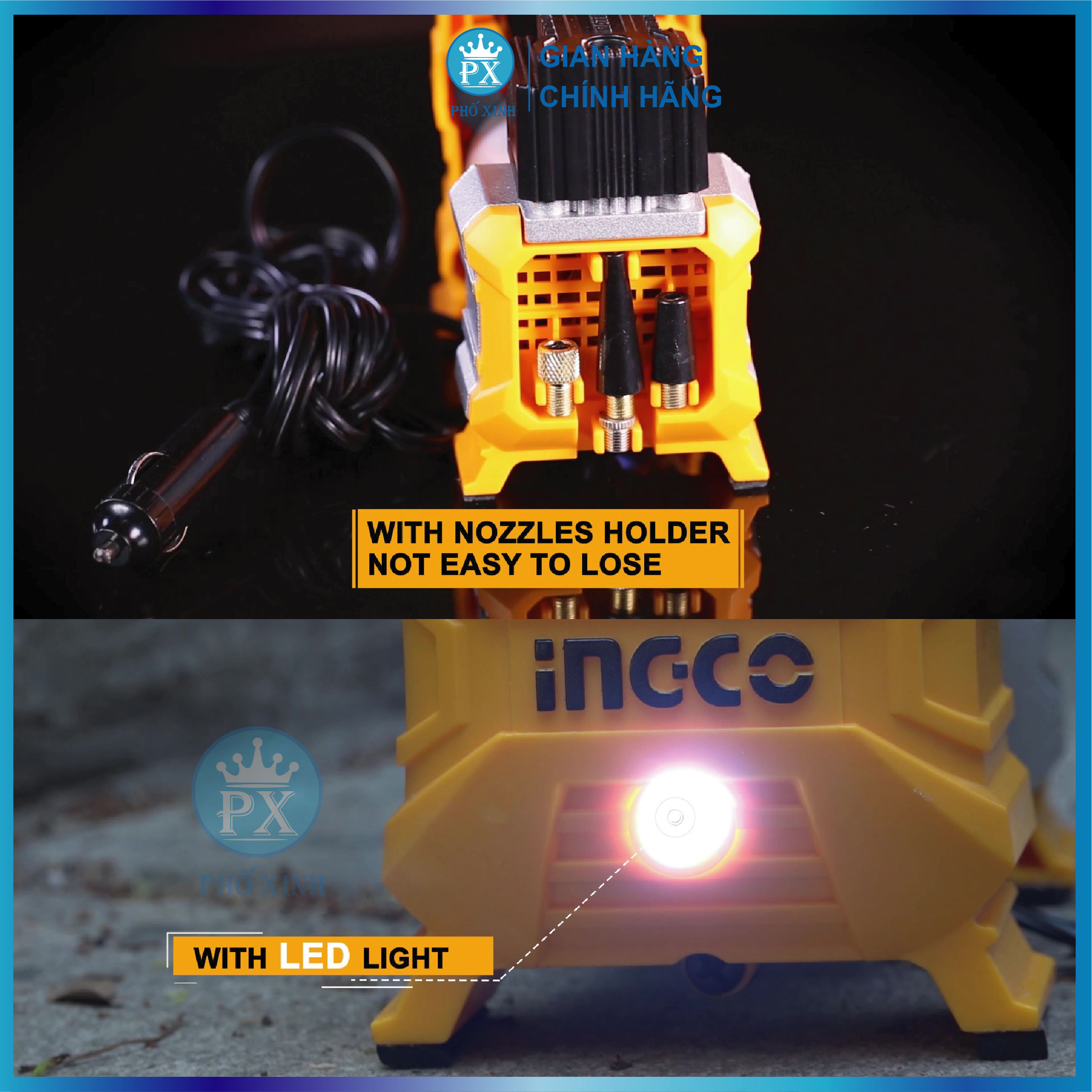 Máy kiểm tra hơi lốp xe INGCO Máy kiểm tra hơi lốp xe INGCO AAC1408 | máy bơm hơi lốp xe Kèm đèn Led, dây nguồn 3m
