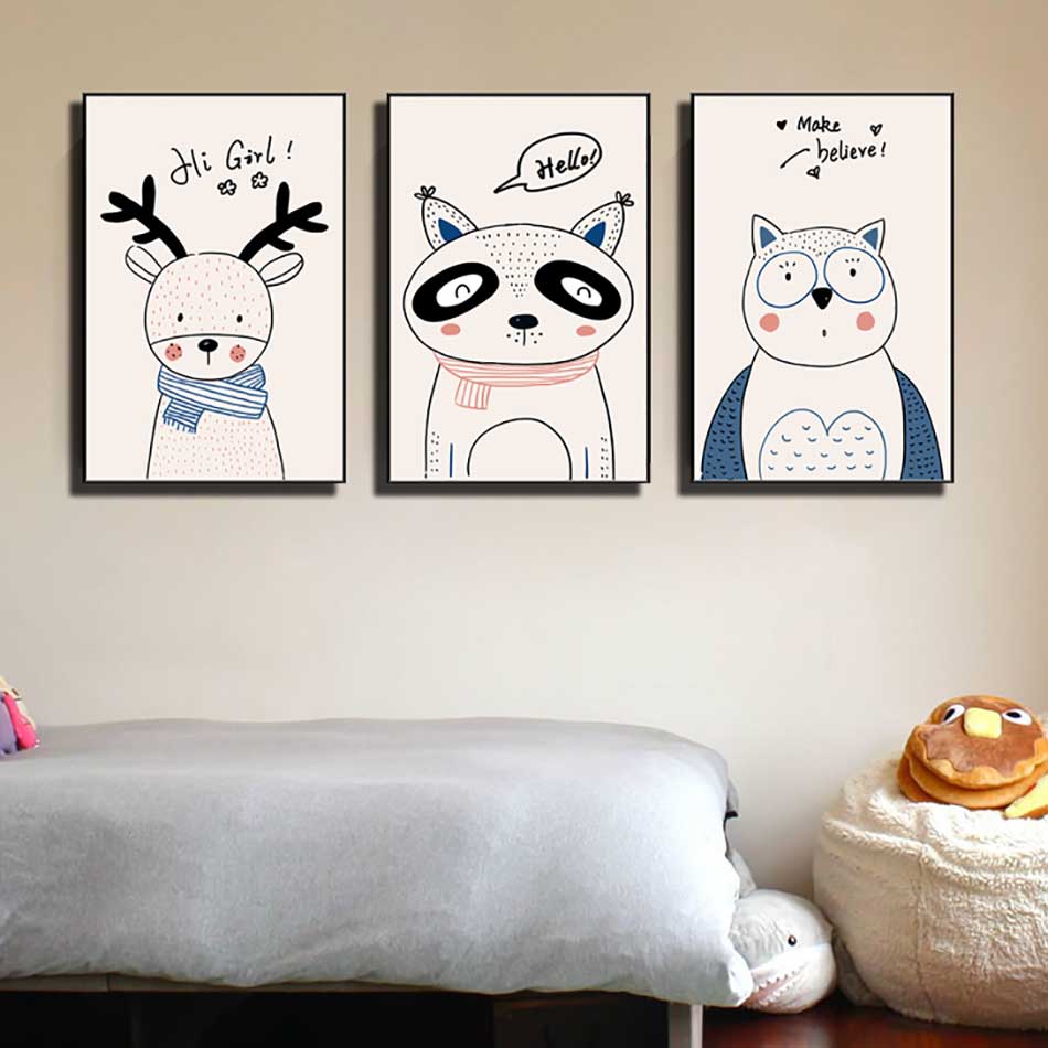Bộ 3 tranh canvas trang trí phòng trẻ em Hươu con, Cáo và Gấu - TTE014