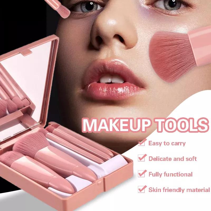 Bộ cọ trang điểm makeup cá nhân combo bộ 6 món kèm hộp gương màu hồng