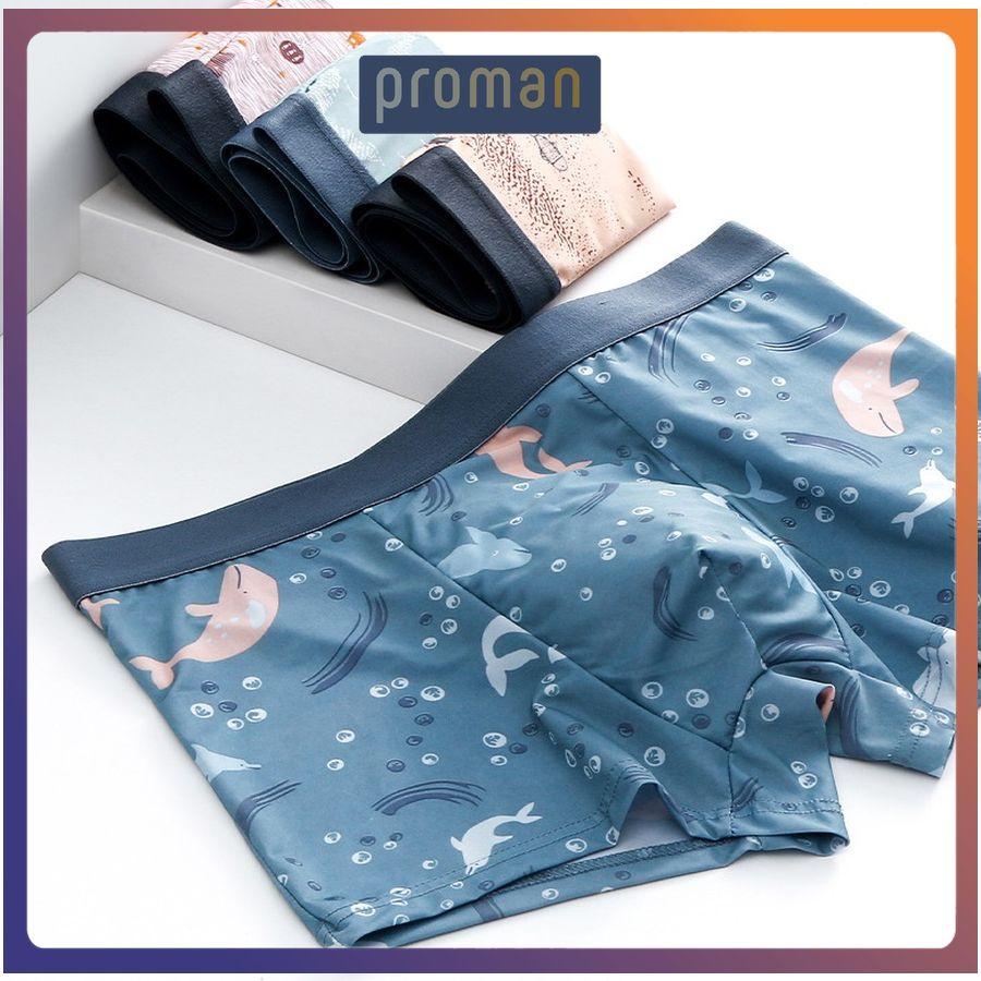 Quần Lót Nam Boxer in hình cá heo, Quần Sịp Nam đùi chất Lụa Băng Mềm Mịn Cao Cấp SL03 PROMAN