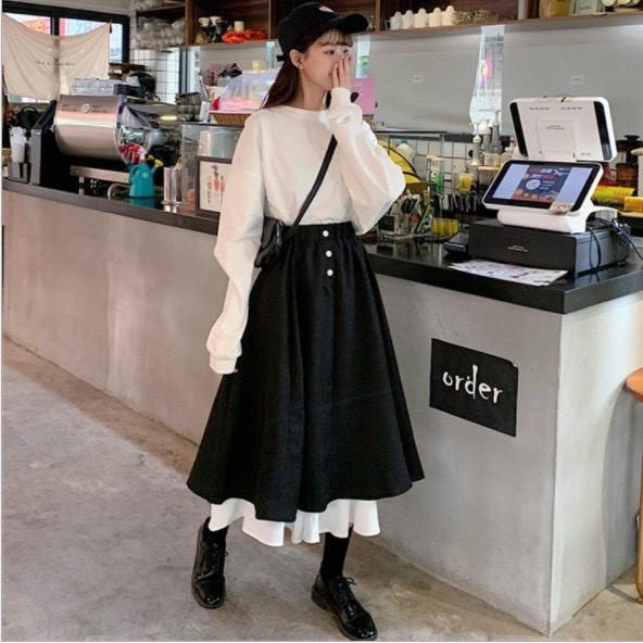 Chân váy dài xòe phối 2 màu ulzzang Hàn Quốc