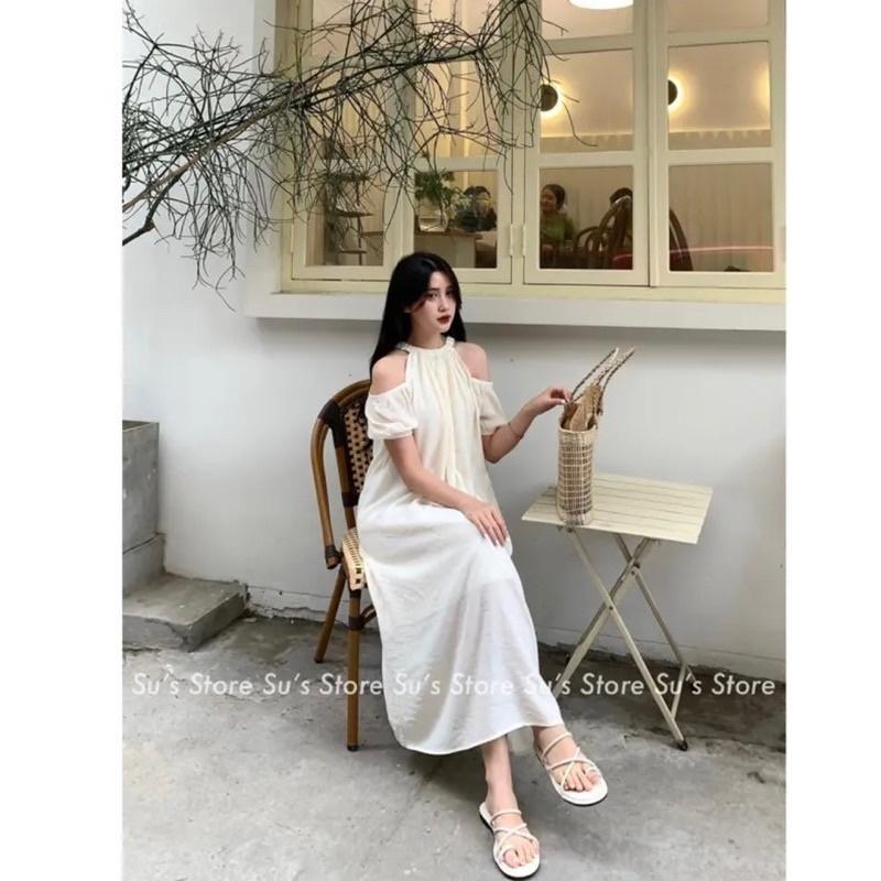 ĐẦM VÁY SUÔNG NHĂN 2 LỚP DÁNG DÀI CỔ YẾM CHUN KHOÉT VAI ĐI BIỂN SIÊU XIN