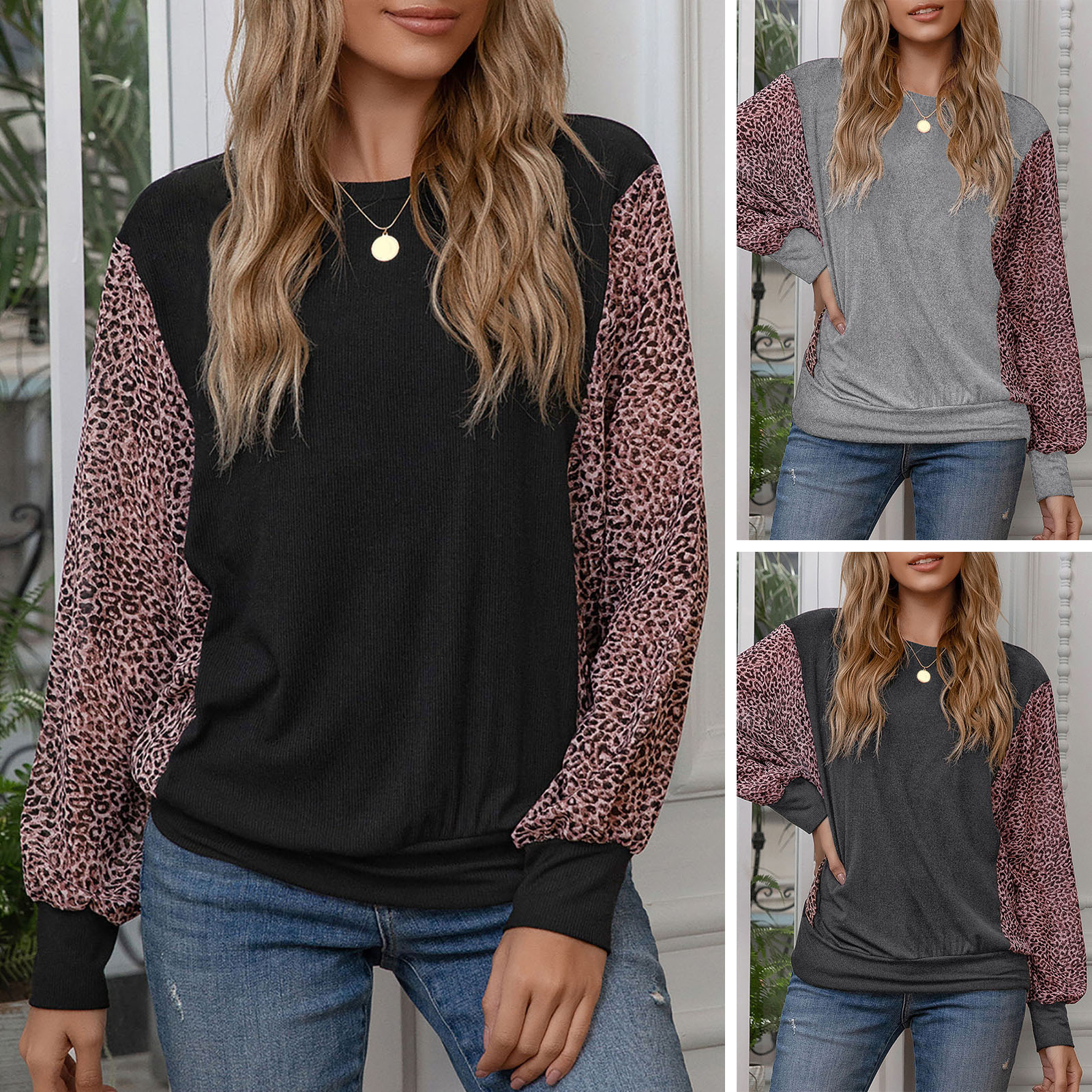 Women T-Shirt Leopard Splicing Batwing Long Sleeve O-neck Loose Streetwear Female Pullover Tops Fashion