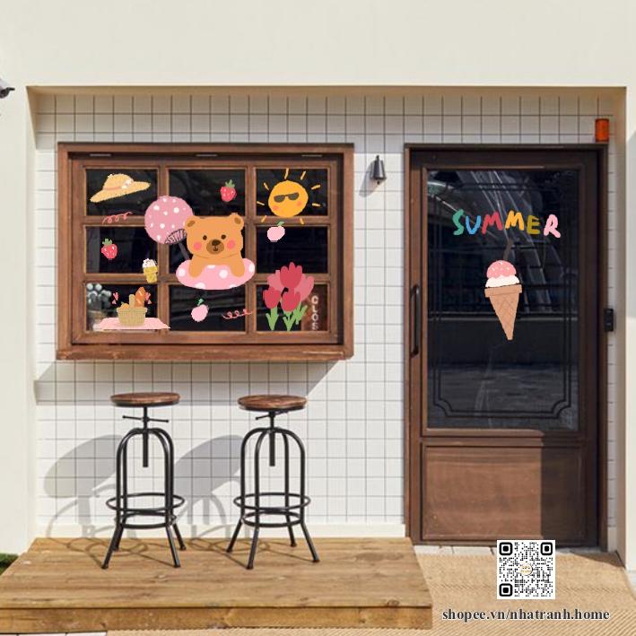 Hình dán gấu mùa hè aesthetic trang trí gương, kính cửa hàng cute 13