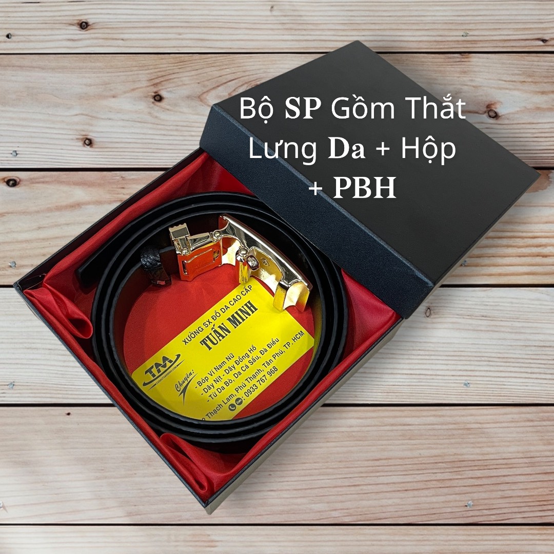 Thắt Lưng Nam Da Bò Dập Vân Cá Sấu TM824 Khóa Tự Động Bản Rộng 3.5cm Màu Đen Full Hộp