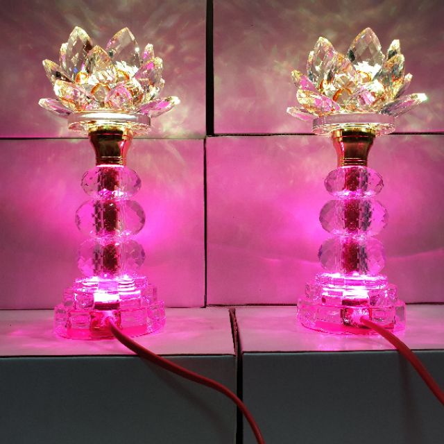 Cặp đèn thờ đá pha lê cao cấp tự động đổi 7 màu cao 22 cm