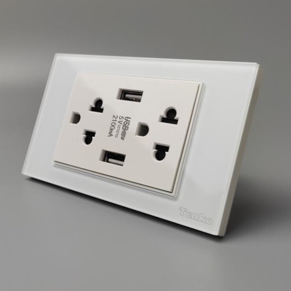 Ổ Cắm Đôi 3 Chấu kèm sạc USB 5V~2.1A Mặt Kính Cường Lực TENKO Thương Hiệu NHẬT TK-C18-045