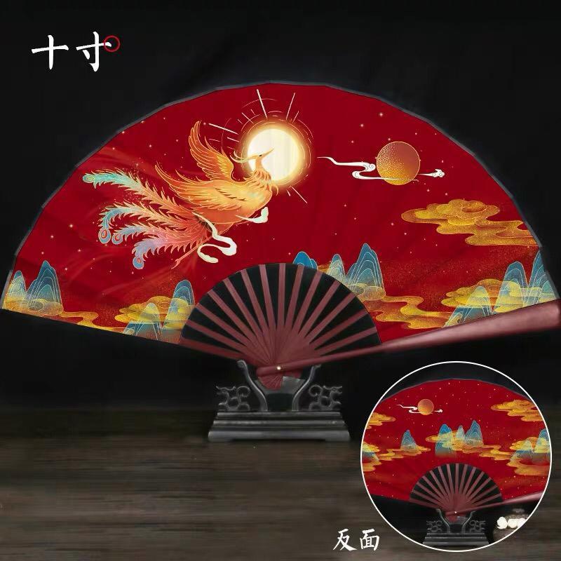 Quạt xếp cầm tay in hình cổ phong chất vải