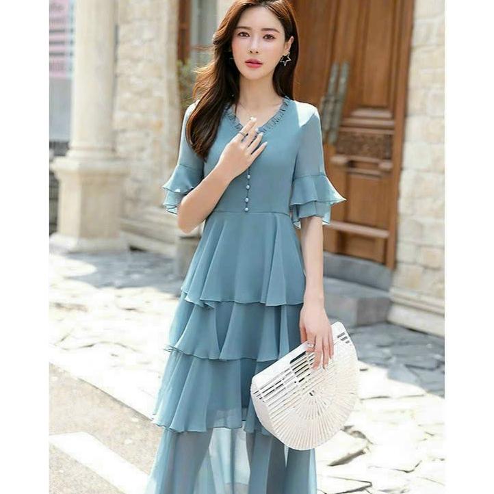 Đầm váy voan trung niên dự tiệc dạo phố 4 tầng đơn giản xanh hồng sang trọng