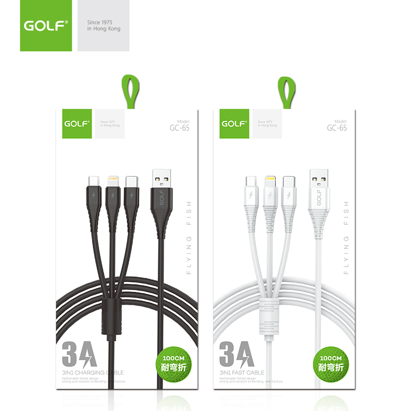 Cáp sạc đa năng Golf 3 đầu Lightning - MicroUSB - Type-C sạc nhanh 3A dài 100cm sạc 3 thiết bị cùng một lúc - Hàng chính hãng