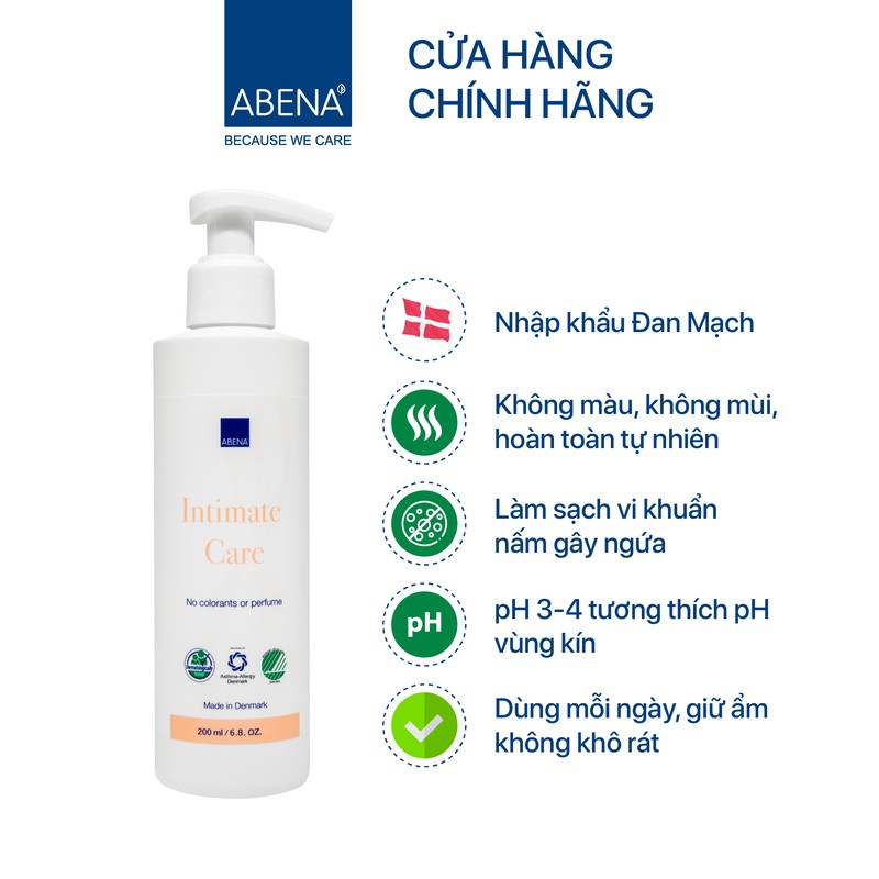 DUNG DỊCH VỆ SINH PHỤ NỮ ABENA INTIMATE CARE 200ML AN TOÀN DỊU NHẸ - P.H. 4 - CHỨNG NHẬN AN TOÀN DỊ ỨNG DA LIỄU BẮC ÂU (AN TOÀN CHO CẢ MẸ BẦU, MẸ SAU KHI SINH) - [ NHẬP ĐAN MẠCH ]