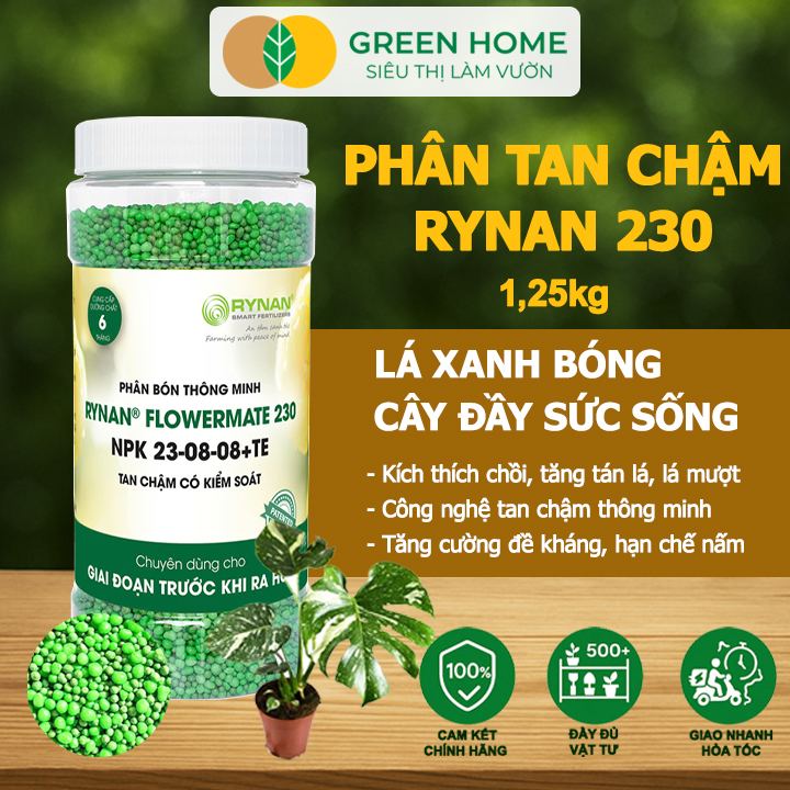 Phân Tan Chậm Greenhome, Rynan 230, Hũ 1,25kg, Chuyên Kiểng Lá, Dưỡng Lá Xanh, Sinh Trưởng Khoẻ