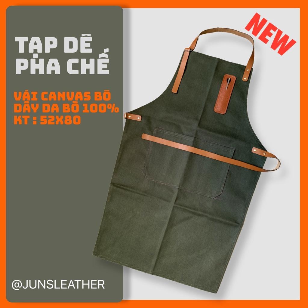 Tạp dề pha chế vải canvas dây da của Junsleather phối da bò cao cấp dành cho Barista/Bartender quán cà phê