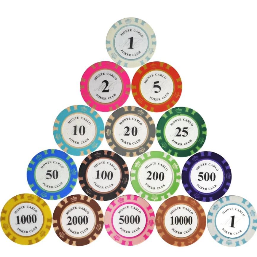 Lẻ 1 cọc 10 phỉnh đất sét poker Monte Carlo hàng đẹp nhiều mệnh giá lựa chọn 1, 5, 10, 25, 50, 100, 200