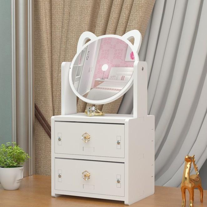 Bàn Trang Điểm Mini Có Gương Mèo Hello Kitty Bằng Gỗ Nhựa Để Phòng Ngủ - Màu Trắng Nhỏ Gọn Đựng Mỹ Phẩm 27 x 17x 13cm