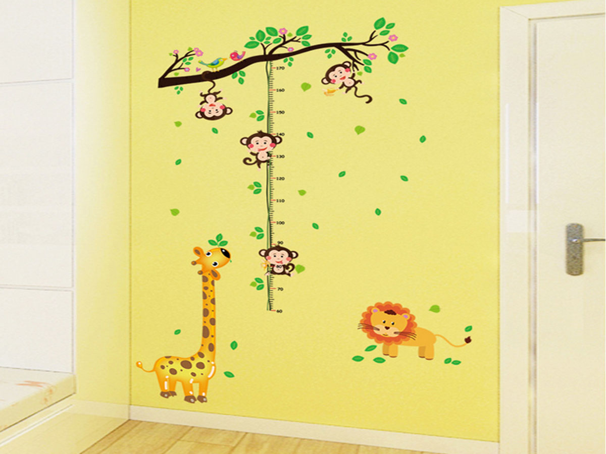 Decal dán tường thước đo chiều cao hươu cao cổ và khỉ ngộ nghĩnh sk9128