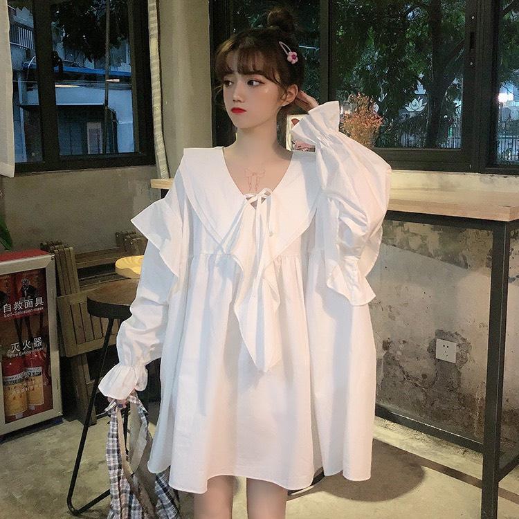 Áo Sơ Mi Nữ Babydoll Dài Tay Cổ Sen Buộc Nơ Tay Bèo