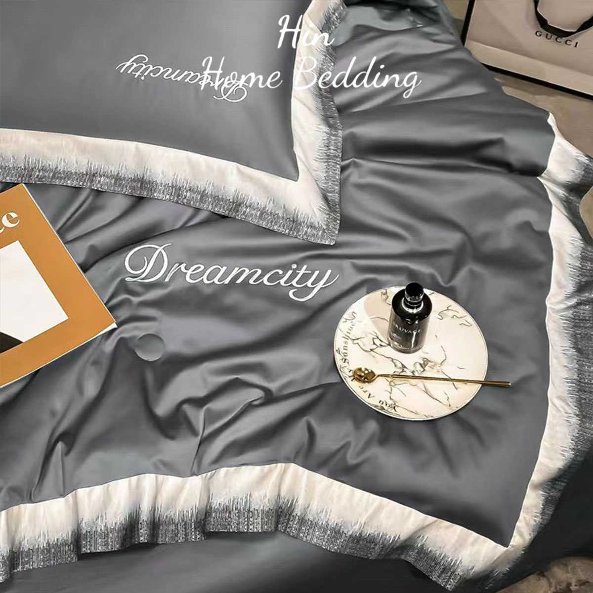 Bộ Chăn Ga Gối Đệm 5 Món Chăn Bông Hin Home Bedding Drap Giường Lụa Mẫu Xám Lông Chuột