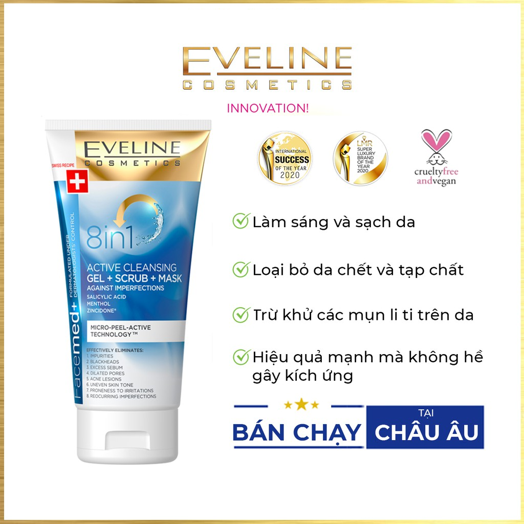 Gel rửa mặt Eveline facemed+ 8in1 active cleansing giảm thiểu da chết và tạo mặt nạ ( Tuýp 150ml)