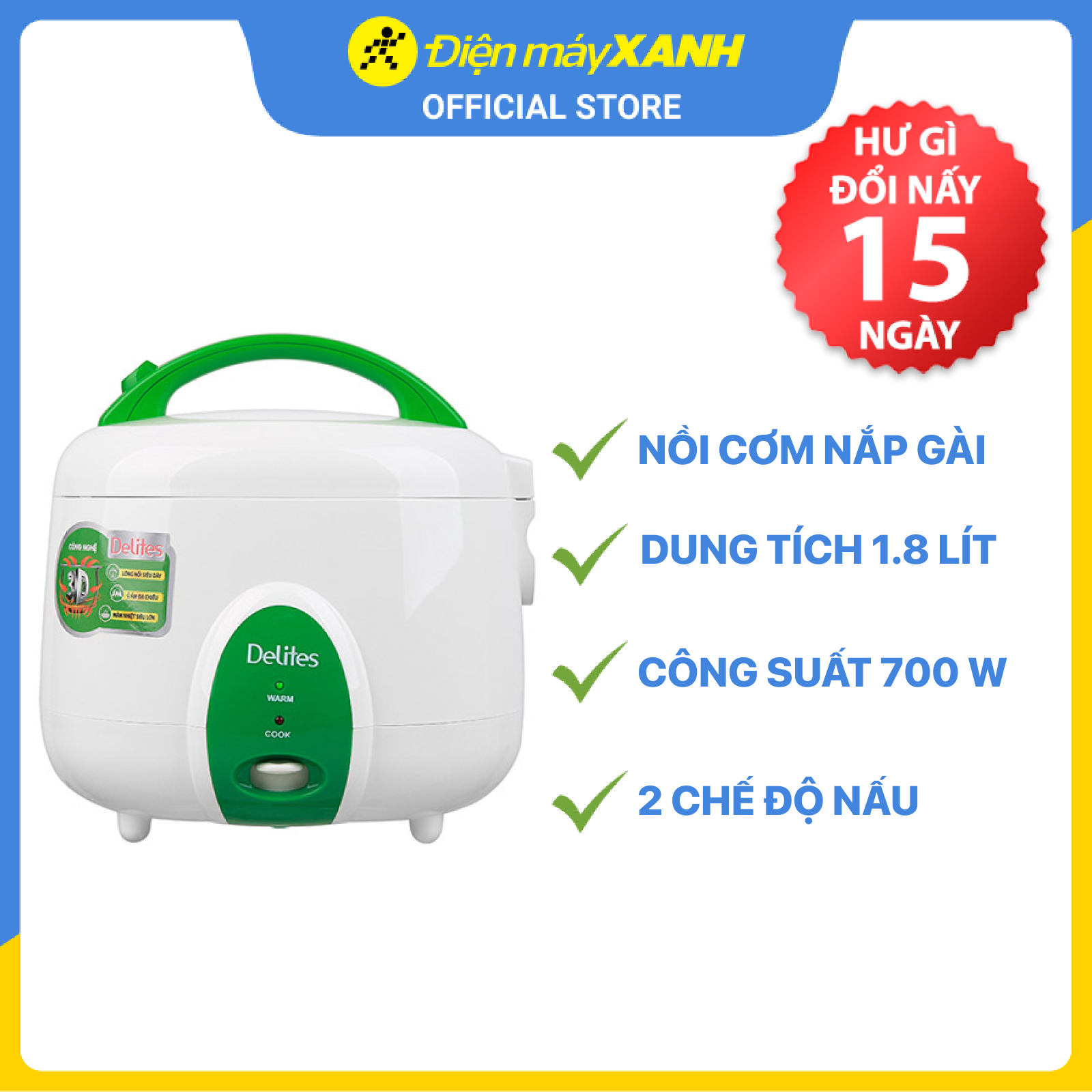 Nồi cơm nắp gài Delites 1.8 lít NCG1010 - Hàng chính hãng