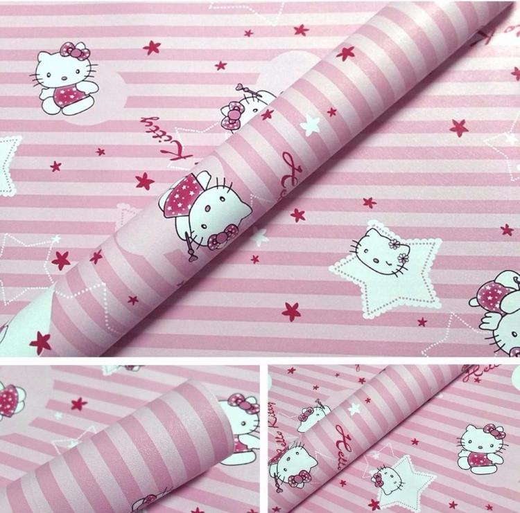 Combo 10 mét giấy dán tường, decal dán tường trang trí nhà cửa KITTY SỌC HỒNG khổ 45cm