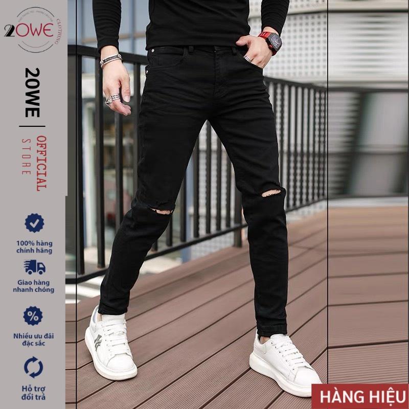 Quần jean nam rách gối màu đen chất bò cao cấp co dãn 4 chiều cực đẹp rin trơn from dáng skinny đẹp