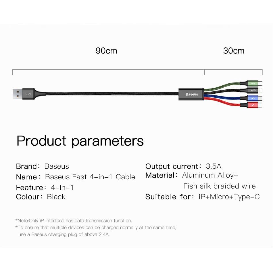 Cáp sạc 4 đầu Baseus CA1T4-B01 Rapid dài 1.2m max 3.5A tích hợp 2 typeC/ LN/ microUSB (nhiều màu) - Hàng Chính Hãng