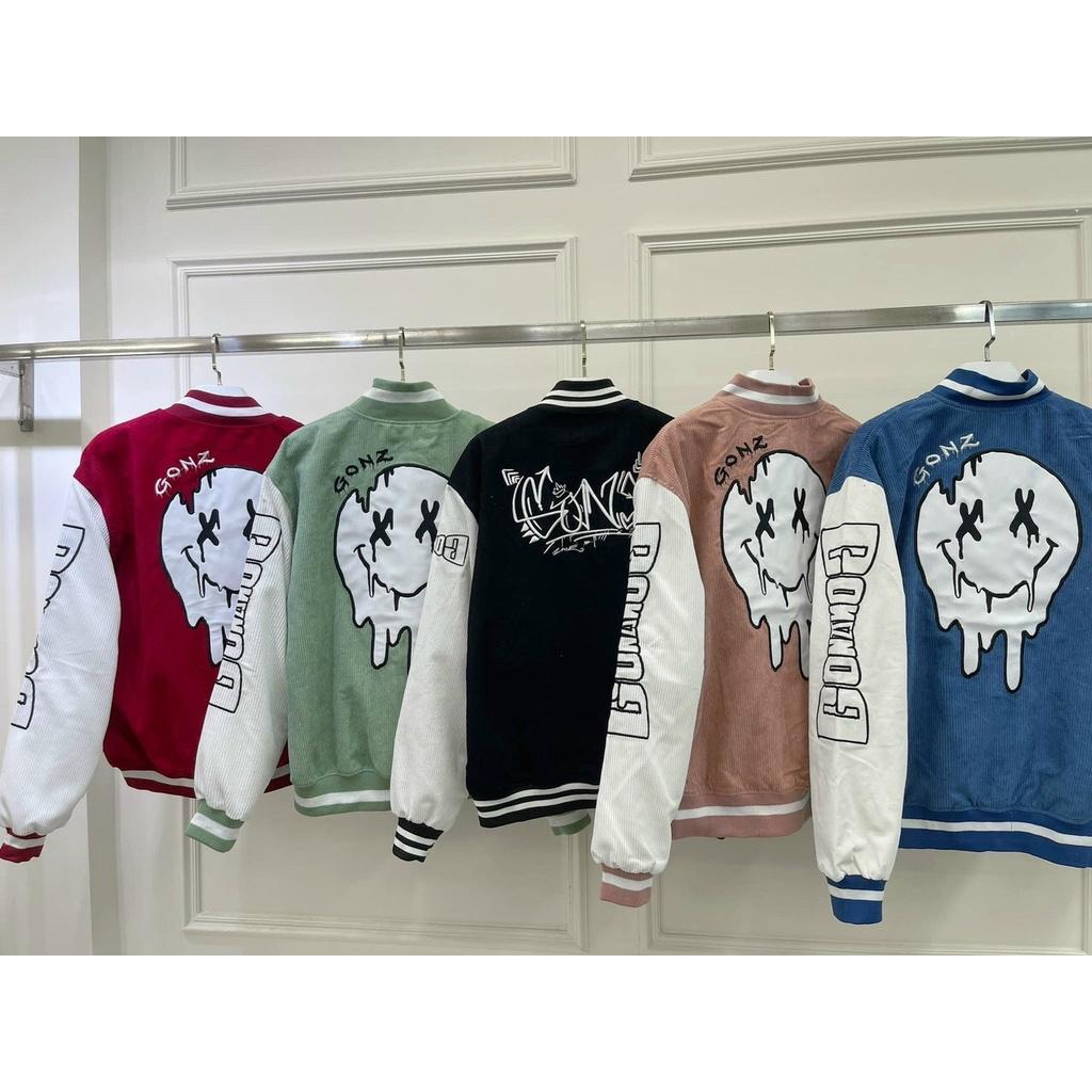 Áo Khoác Nhung Gân Tăm Bomber Jackets Thêu Logo G.O.N.Z Cúc Bấm Unisex Nam Nữ Form Rộng Ulzzang