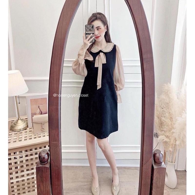 VÁY SUÔNG ĐEN PHỐI TAY MÀU BE CỔ SEN