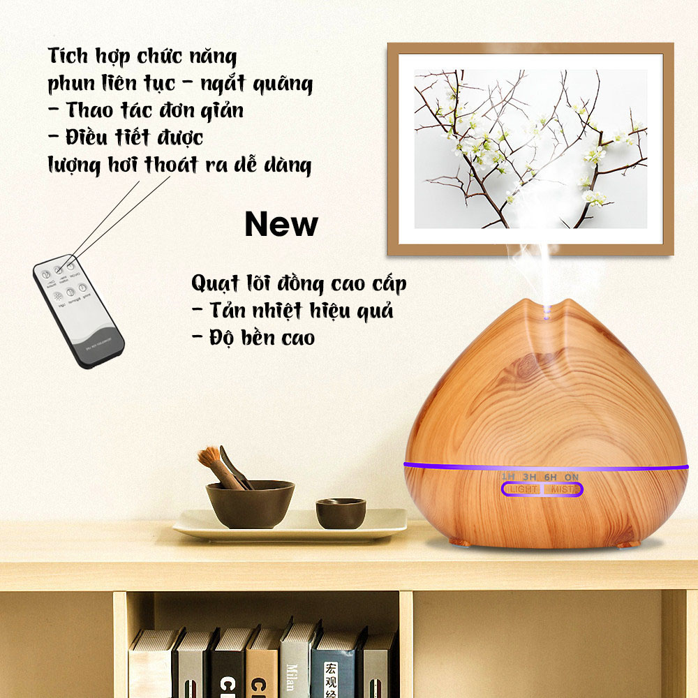 Máy xông tinh dầu siêu âm công nghệ hiện đại - Chế độ phun mạnh - Khuếch tán tinh dầu trong không gian rộng - Hoạt động liên tục 18h