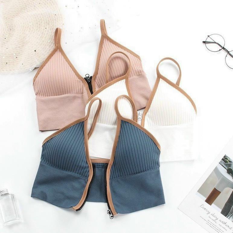 Áo 2 dây nữ, áo bra nữ cotton gân tăm nâng ngực kéo khóa tôn dáng free size dưới 60kg