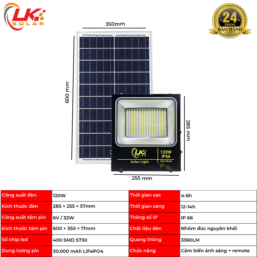 Đèn Led Năng Lượng Mặt Trời Siêu Sáng 120W CHÍNH HÃNG- LK SOLAR TGD-99120, Sử dụng 100% năng lượng mặt trời, dễ dàng lắp đặt ngoài sân vườn, trong nhà, nhà xưởng, trang trại, cảm biến ánh sáng, có remote điều khiển từ xa