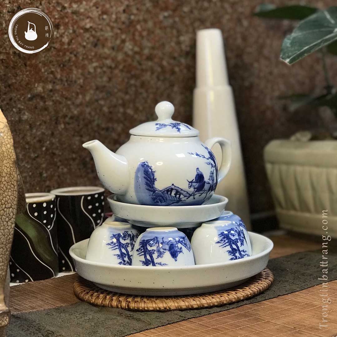 Bộ Ấm Chén Trà Đạo Gốm Trắng Men Lam Bát Tràng Tiêu Dao Dáng Tiêu Anh Dung Tích 230ml ATA 02
