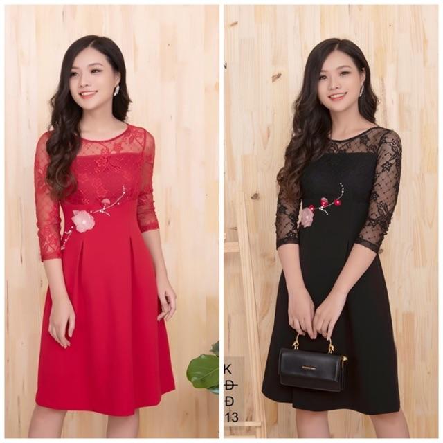 Đầm xoè phối ren thêu hoa