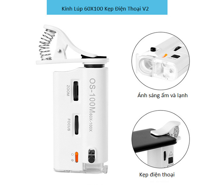 Kính lúp kẹp điện thoại có đèn led trợ sáng cao cấp (Thấu kính quang học độ phóng 60-100 lần, hình ảnh sắc nét, rõ ràng)- (Tặng 2 nút kẹp cao su giữ dây điện-màu ngẫu nhiên)