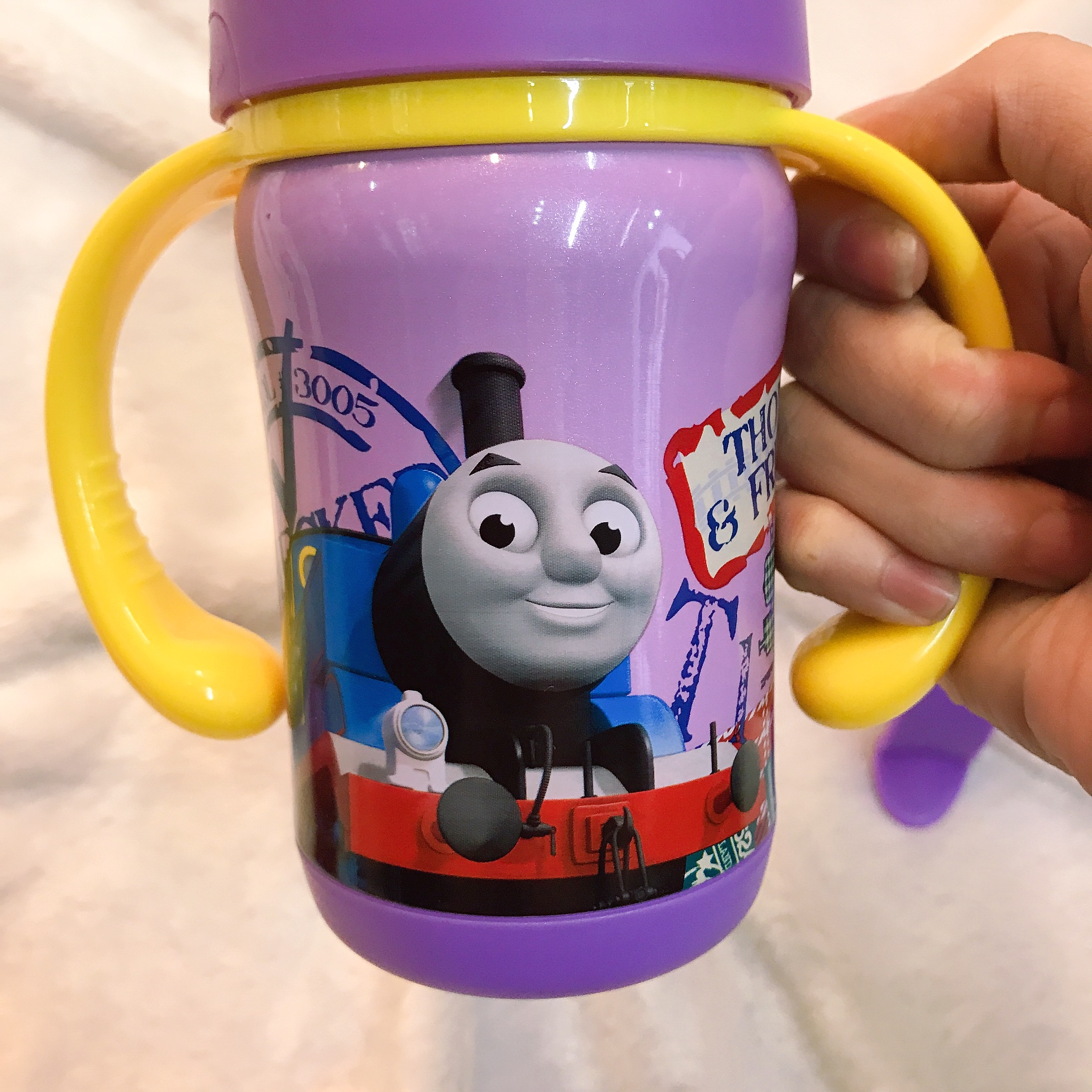 Bình nước giữ nhiệt 2 quai cầm kèm 2 nắp thay hình xe lửa Thomas and Friends màu tím cho trẻ em, bé trai  - TM4506-T
