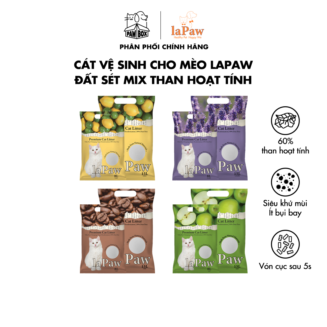 Cát vệ sinh cho mèo laPaw đất sét mix than hoạt tính siêu vón cục, siêu khử mùi, thơm lâu, ít bụi 15L