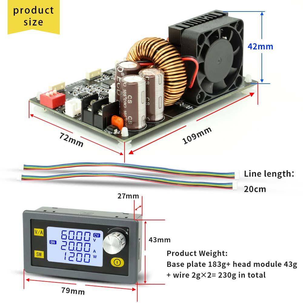 LCD Display CNC Adjustable Direct Current Stabilized Voltage Power Supplys Constant Voltage and Constant Current 20A 1200W Step-down Module