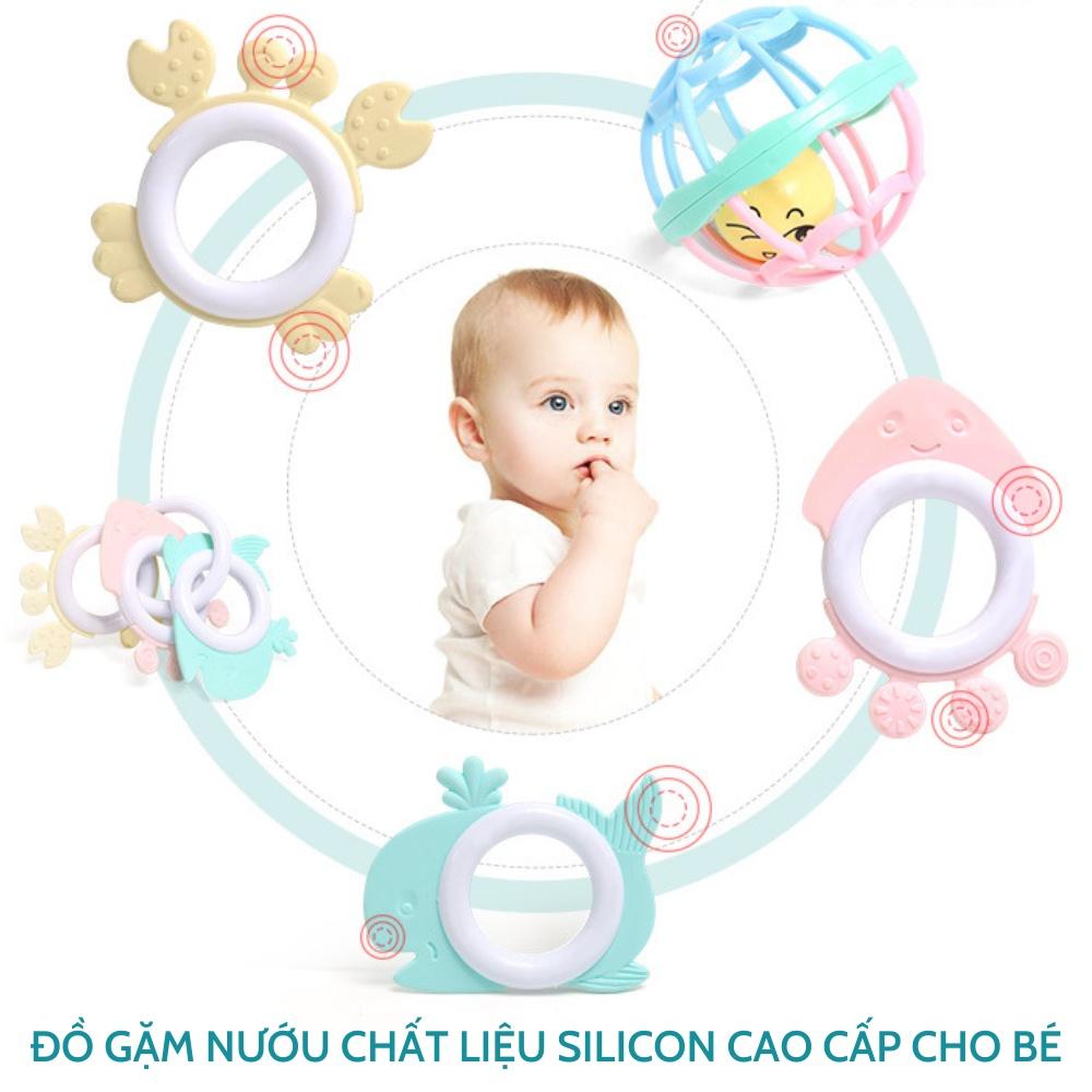 Lục lạc cho bé, Bộ đồ chơi xúc xắc kèm gặm nướu 6 món cao cấp, món hình thú phát tiếng kêu vui nhộn cho bé