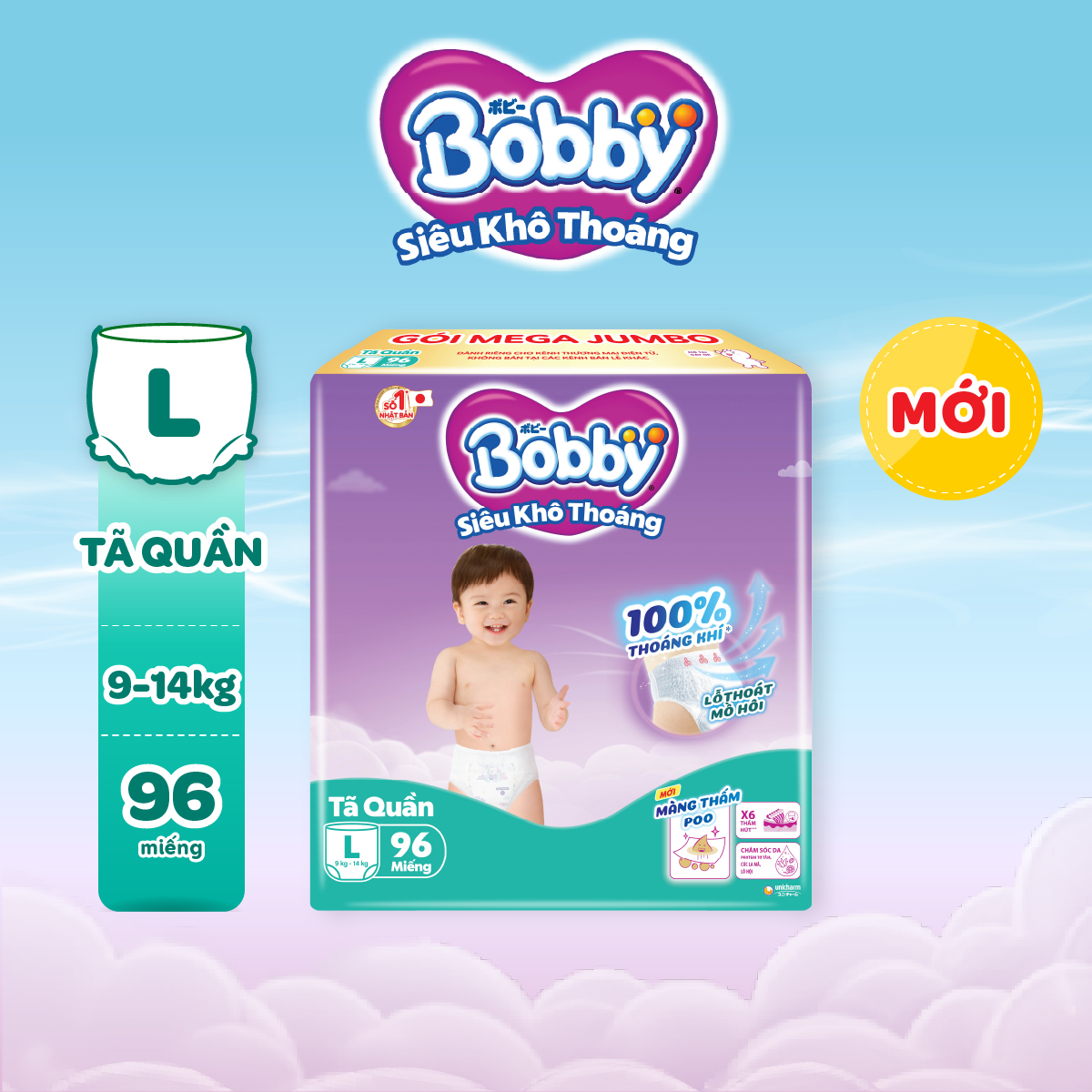 Tã quần Bobby Siêu Khô Thoáng - 100% Thoáng Khí Mega Jumbo L96